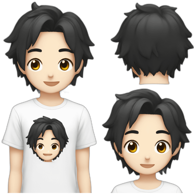 anime boy cartoon smiling with black hair, black and white t shirt, and black eyes emoji