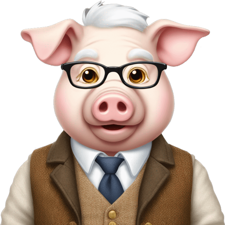 Elderly pig dressed in white shirt, vest and tweed jacket wearing glasses emoji