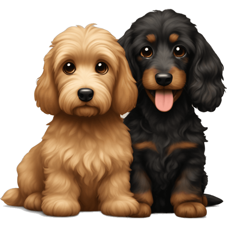 Brown medium size goldendoodle and black and tan and cream longhair dachshund sitting together  emoji