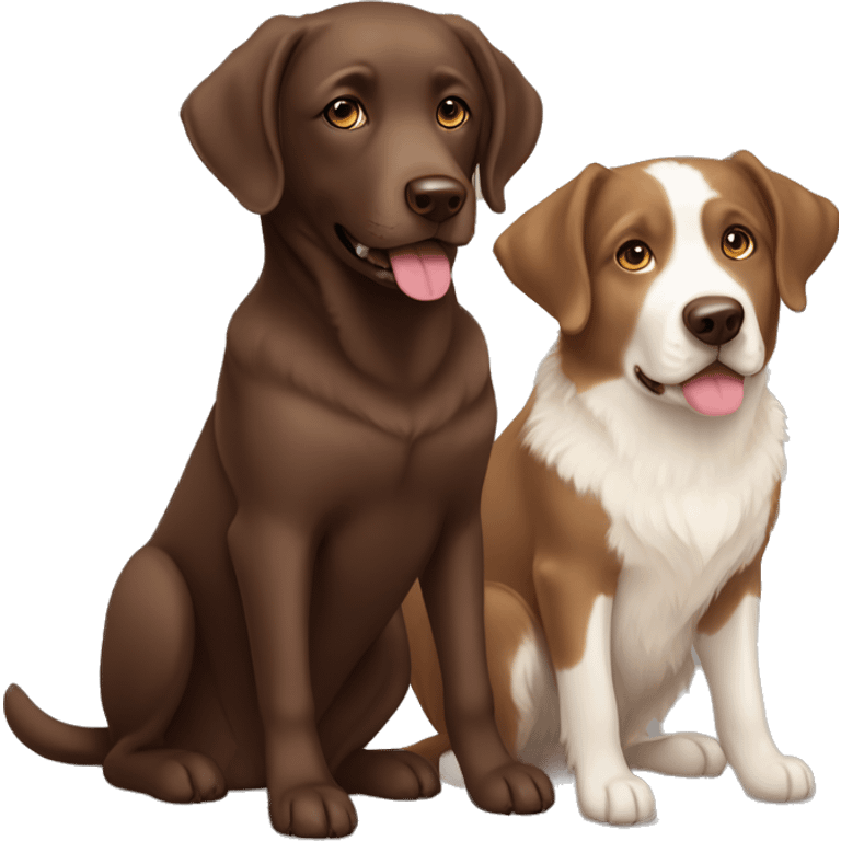 a sitting chocolate labrador, and a sitting a full body, tan, cream, white Australian Shepard emoji