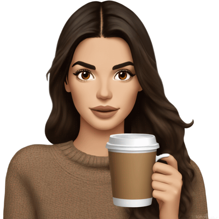 brunette Kendall Jenner with long and brown hair her eyes brown and sipping coffee Her hair is wavy and shiny With brown sweater just one  emoji