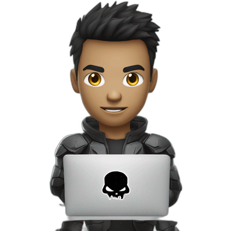 Young man developer behind his laptop with this style : Crytek Crysis Video game with nanosuit hacker themed character emoji