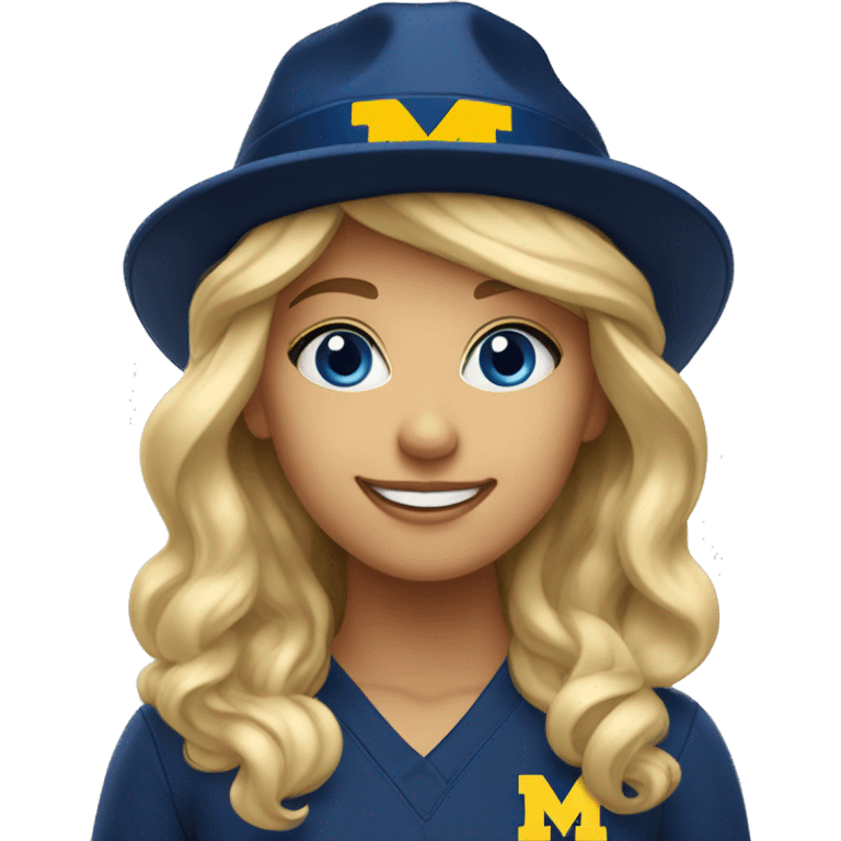 Blonde girl with blue eyes smiling wearing University of Michigan hat emoji