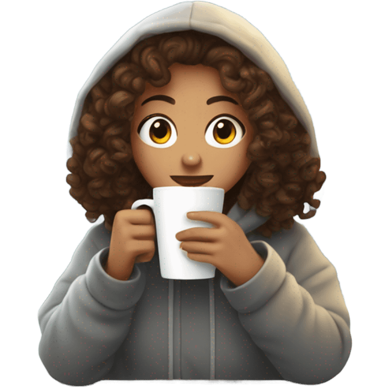 Curly brown haired girl drinking coffee in a hoodie infront of window snow outside emoji