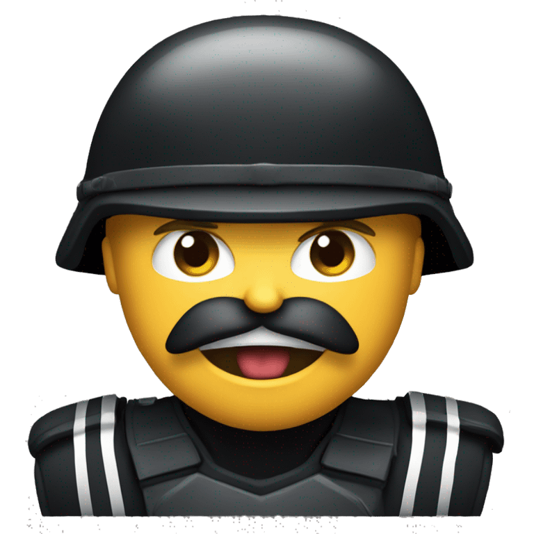 an angry screaming soldier with moustache, black uniform and black big helmet with thunder logotype on it emoji