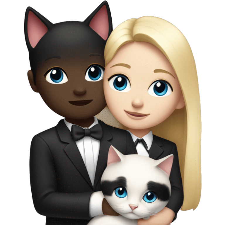 Blonde girl with blue eyes, snuggling a black and white tuxedo cat emoji