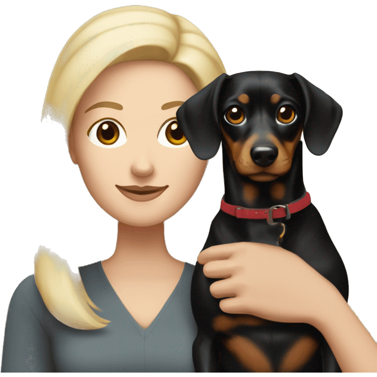 Blonde white woman and Brunette white woman holding black and tan dachshund emoji