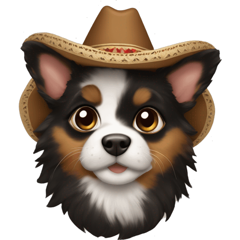 A black and brown tortoiseshell pointy ear puppy without white with pointy ears wearing a sombrero  emoji