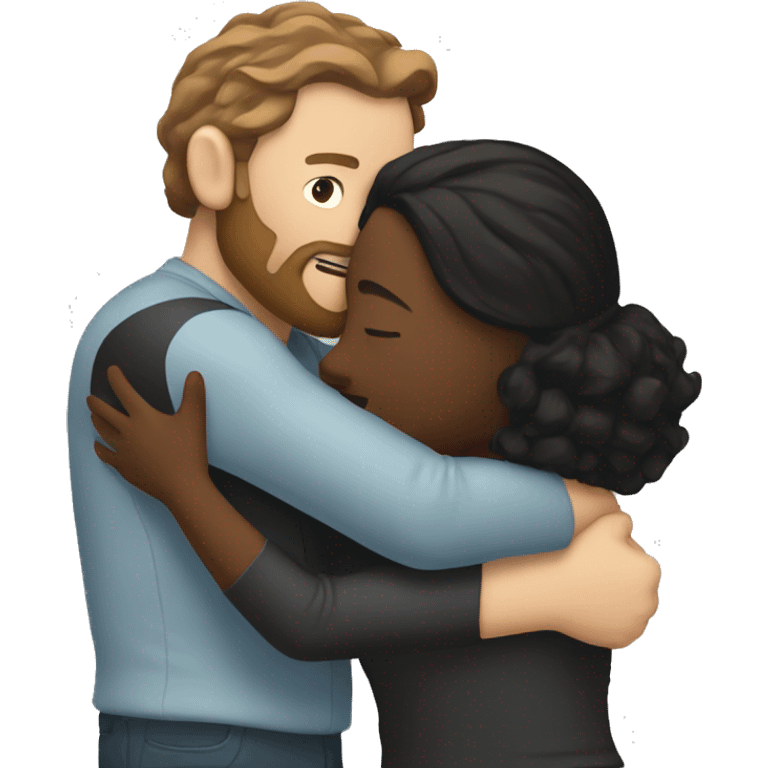 White man with beard and long brown hair hugging a brown woman with black hair  emoji