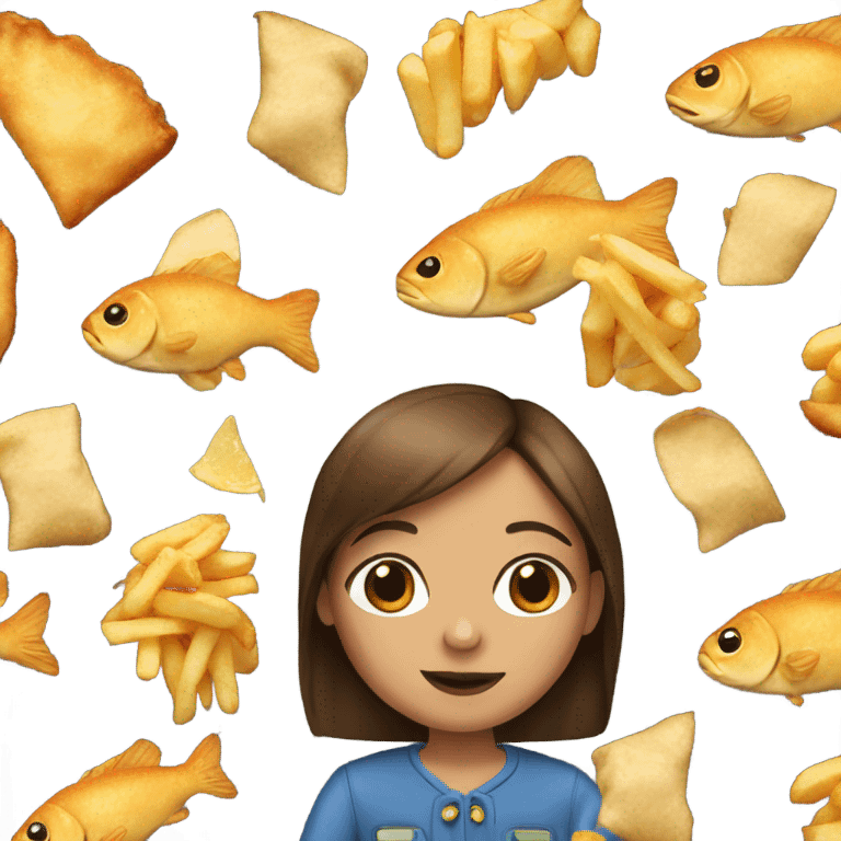 girl with brown hair holding fish and chips emoji