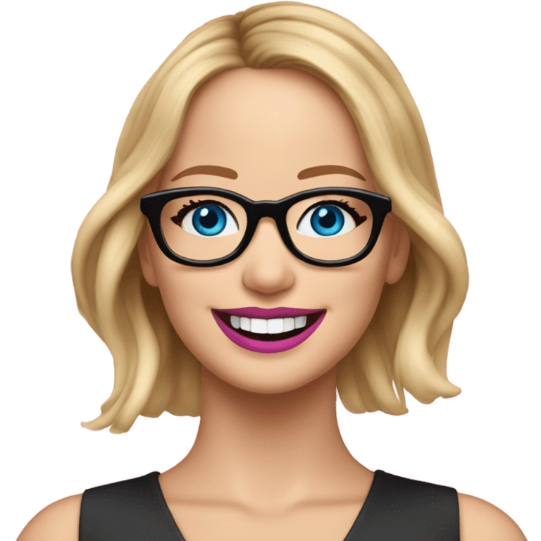 Happy Jennifer Lawrence,  blue eyes wearing glasses and pink lipstick  emoji