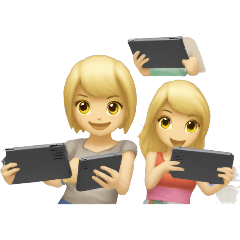  haired blonde and black hair girl playing nintendo ds emoji