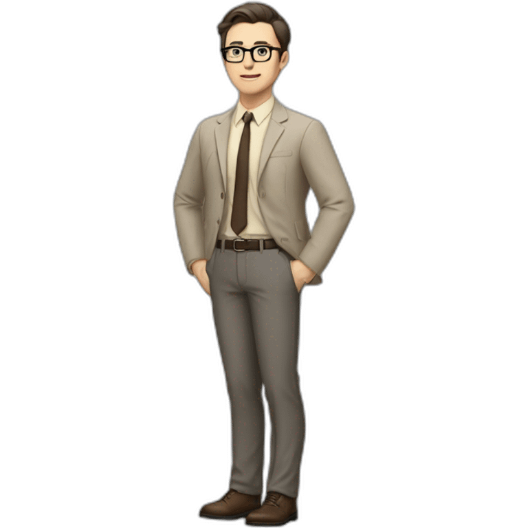 Full height Actively Gesturing Pale skinned fit man with dark brown hair in gray jacket, beige office shirt, brown tie, brown pants and vintage glasses. emoji