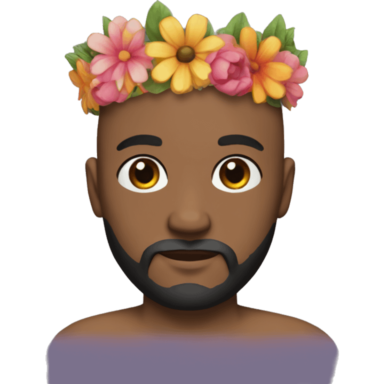 bald man with black beard and brown eyes and default skin with a colorful flowercrown on his head emoji