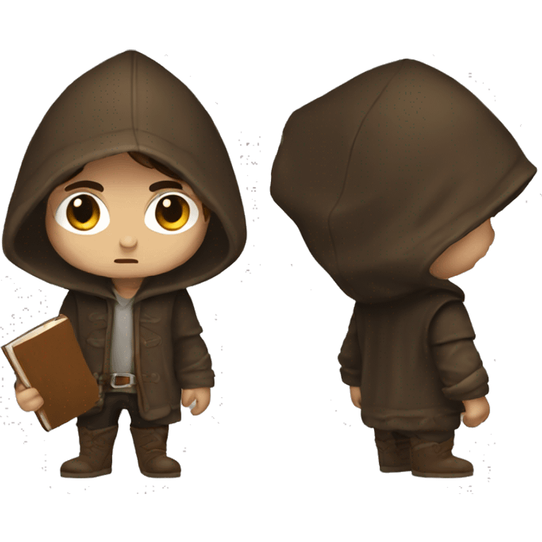 human male rogue with brown hair holding a book wearing a hood angry emoji