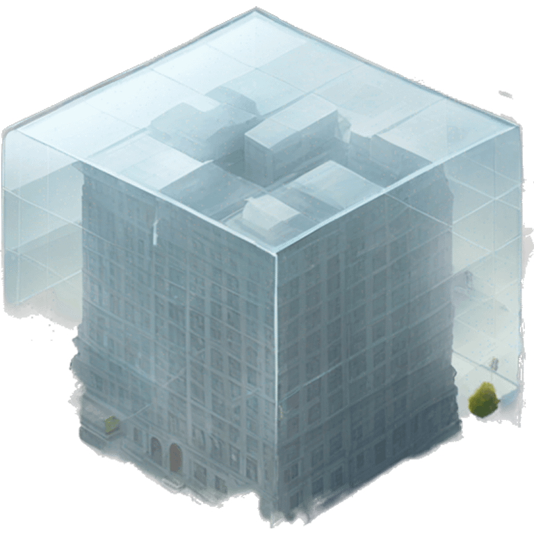 Transparent glass cube with inside many buildings  emoji