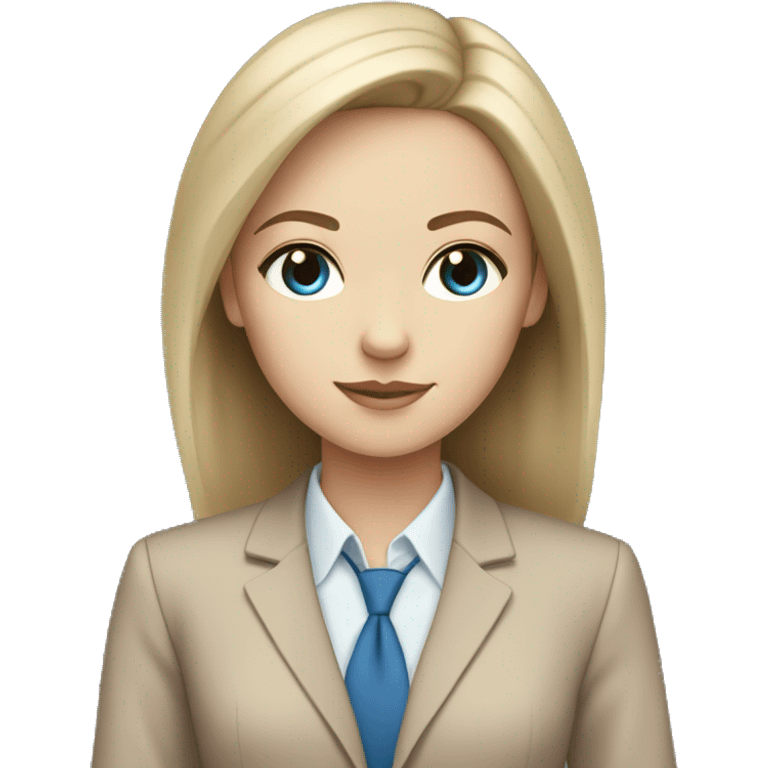 white girl with blue eyes and straight dark brown hair in a beige suit emoji