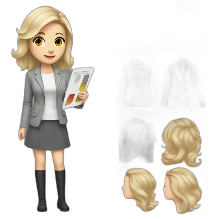 pale skin woman with cold blonde straight middle length hair, White blouse, Gray oversize jacket, Gray skirt holding a color palette in the hands emoji