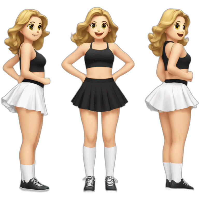 alistic-full-body-caucasian-curvy-beauty-jumping-short-black-skirt-back-and-front-views-strong-wind-white knickers-long-white-socks emoji