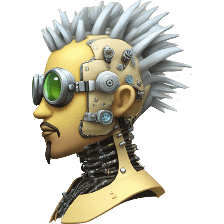 Pastel light yellow Mohawk cyborg head with silver steampunk goggles, goatee and circuits emoji