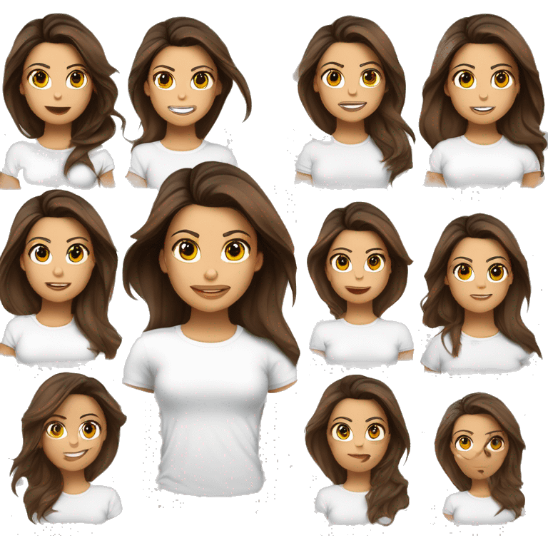 visage 3/4, contrasté, ombre, lumière, expression eva longoria, debout de loin, nez fin, femme brune, yeux noisette, longs cils, cheveux foncés dégradés épaule, t-shirt blanc, jean, baskets blanches emoji