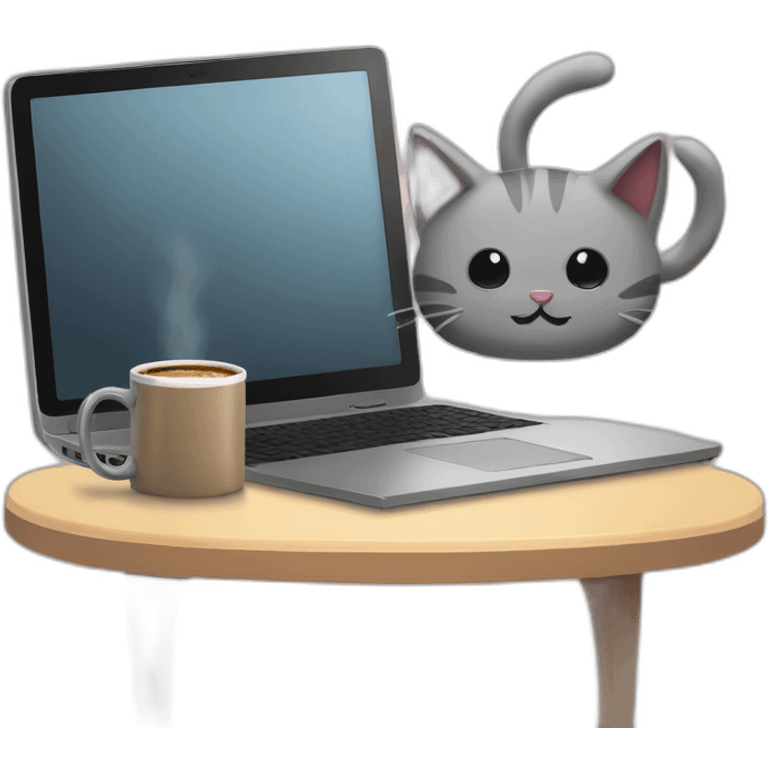 cat ears behind a computer and a coffee mug emoji