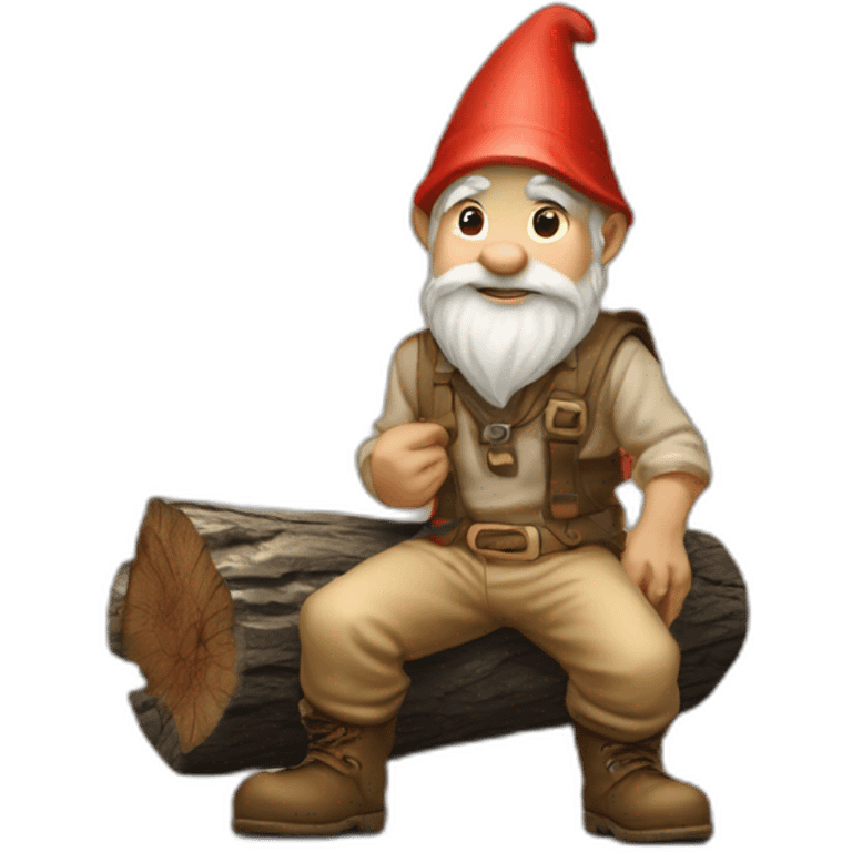 side angle of gnome with light tan pants and light tan boots squatting on top of small brown log emoji