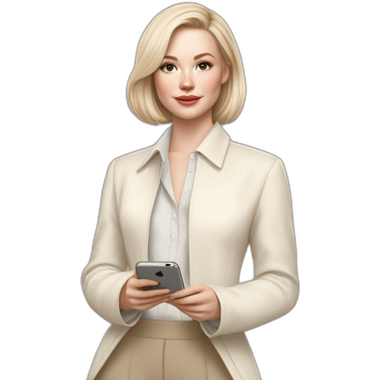 pale skin woman with ash blonde Straightened bob Hair, White Spacious classical jacket, beige palazzo Arrow pants and gray blouse holding white IPhone 15 pro in the hands emoji