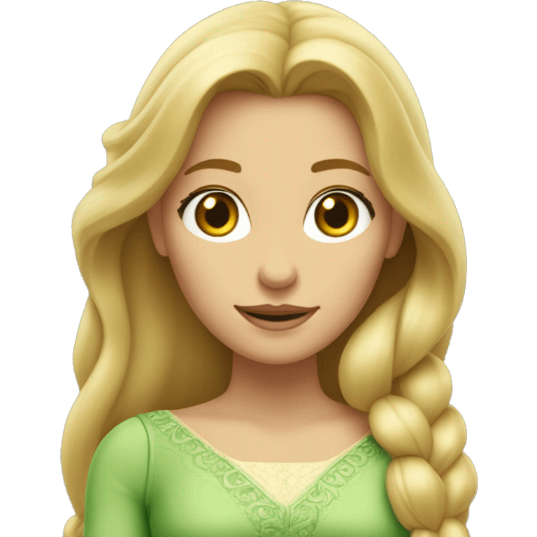 Mujer blanca con vestido de Rapunzel, ojos verdes, rubia y de pelo largo liso  emoji