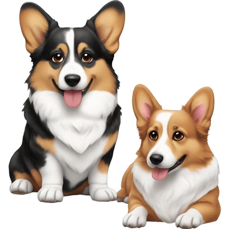 Three corgis sitting together with no tails. One is a red headed tri, one is a black headed tri, and one is a blue Merle with blue eyes emoji