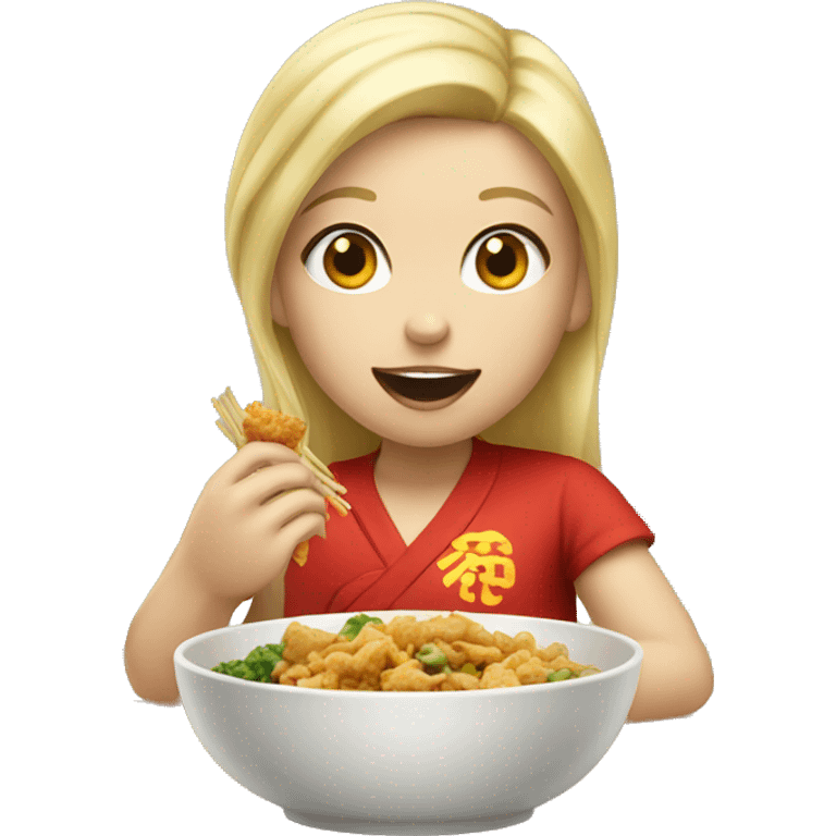 blond girl eating Chinese food emoji