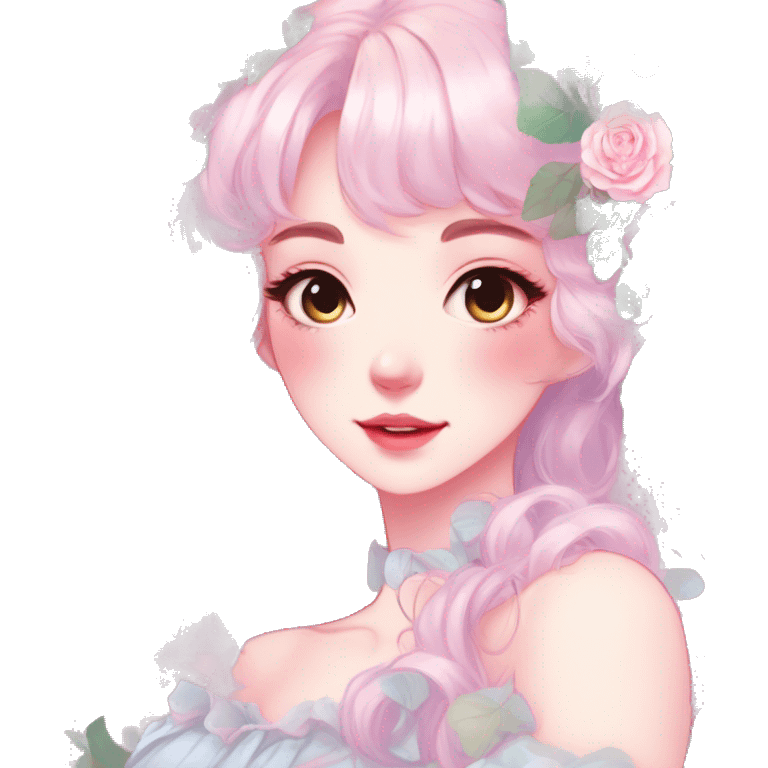 Gorgeous pastel shiny pearly colorful anime style lady with blushing face and roses leaves shiny cottagecore fairycore pastelcore aesthetic trending style emoji