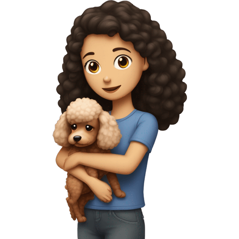 A girl with dark hair hugs a red poodle emoji