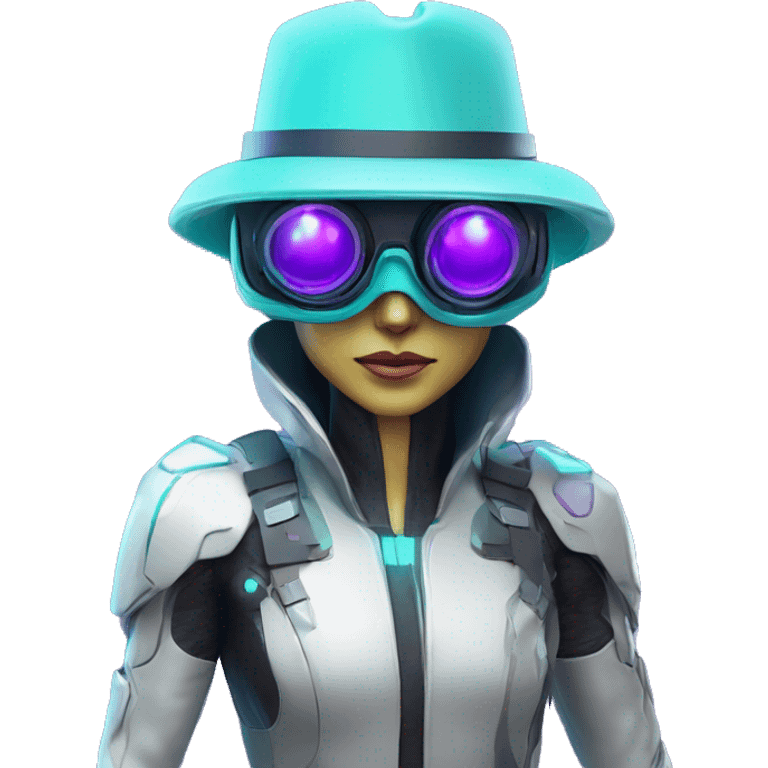 Secret humanoid agent in a futuristic hat with in Apple VR goggles headset code display on the goggles , cyberpunk, cyan and purple colors, only upper body portrait, front facing the camera  emoji