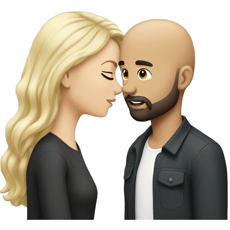 White girl dark hair kissing mixed bald man with beard emoji