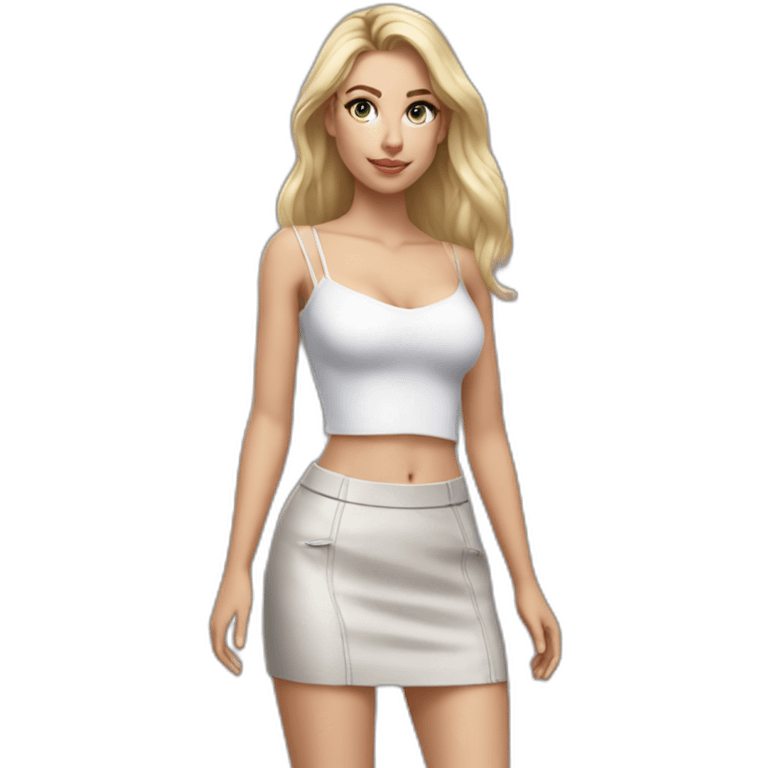 hyperrealistic caucasian long blonde hair brown perfect eyes woman white v-neck strapless top gray tight mini skirt walking towards camera emoji