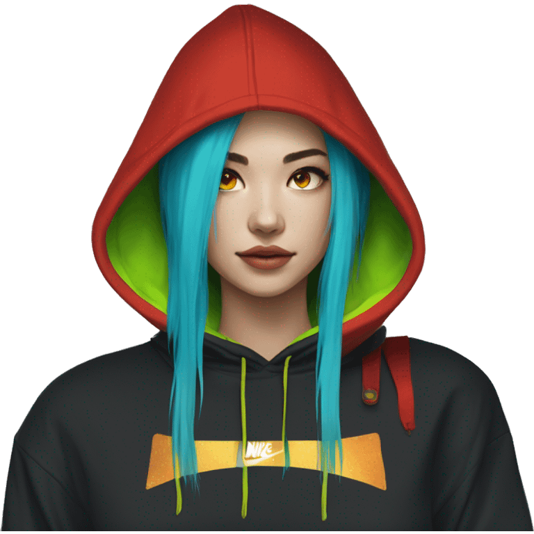 Lady with brunette and iridescent blue hair, gold, lime green dragon wings, black hoodie, bleach dyed, black and gold Nike t shirt, and bright red eyes emoji