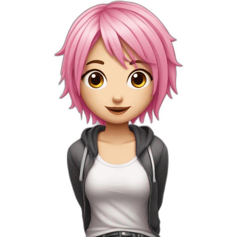 full body Front view curvy emo girl pink hair sits on the floor straight view hands up черная юбка белые трусики рваные полосатые чулки emoji