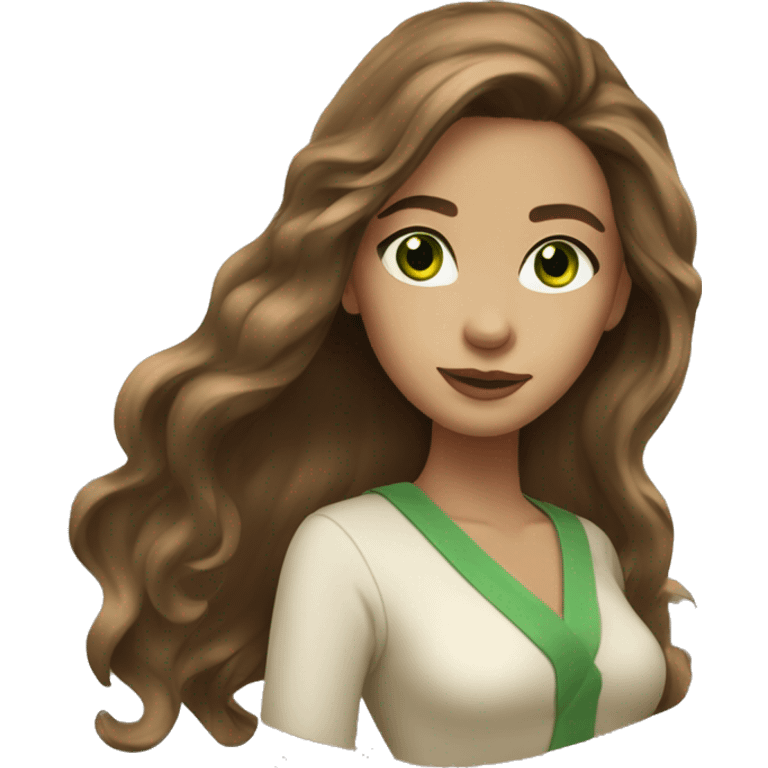 young woman beige skin green eyes with long voluminous brown hair emoji