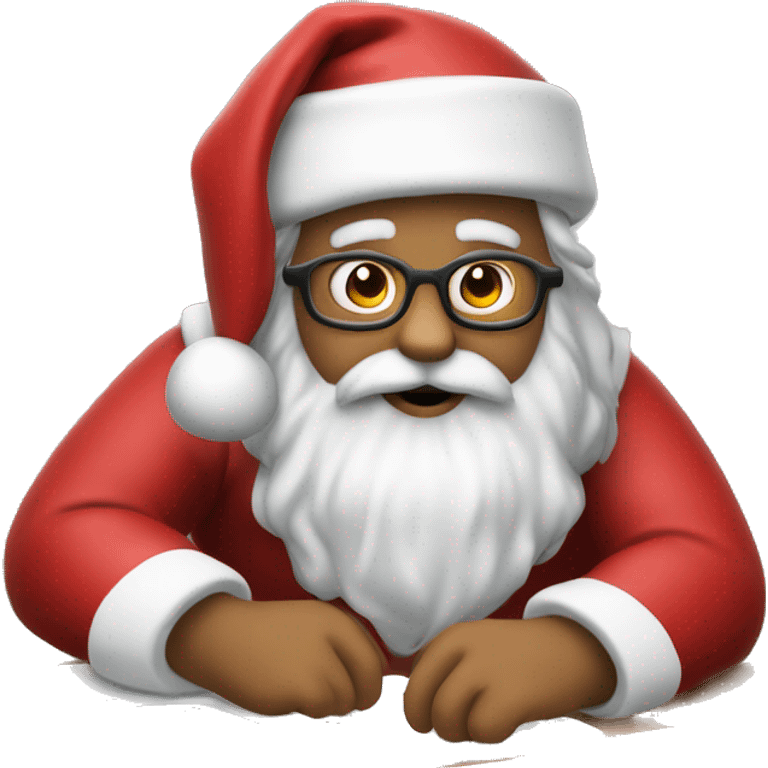 Santa is sitting on a desk, solving complicated math problems in an exercise book emoji