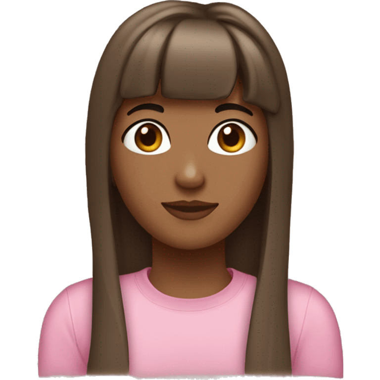 27 years old girl, brown long air with curtain bangs, brown eyes, clear skin, pink tshirt  emoji