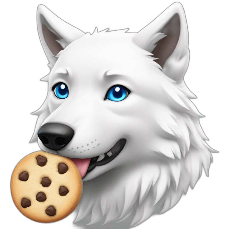 A cute white wolf with blue eyes, eating a single delicious cookie emoji