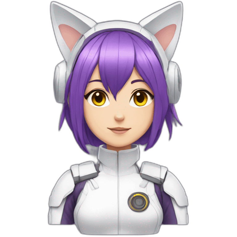 Anime mech pilot girl with purple hair white pilot suit and cat ears emoji