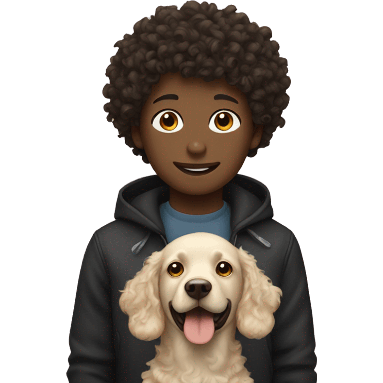 A curly haired boy and a black Labrador emoji