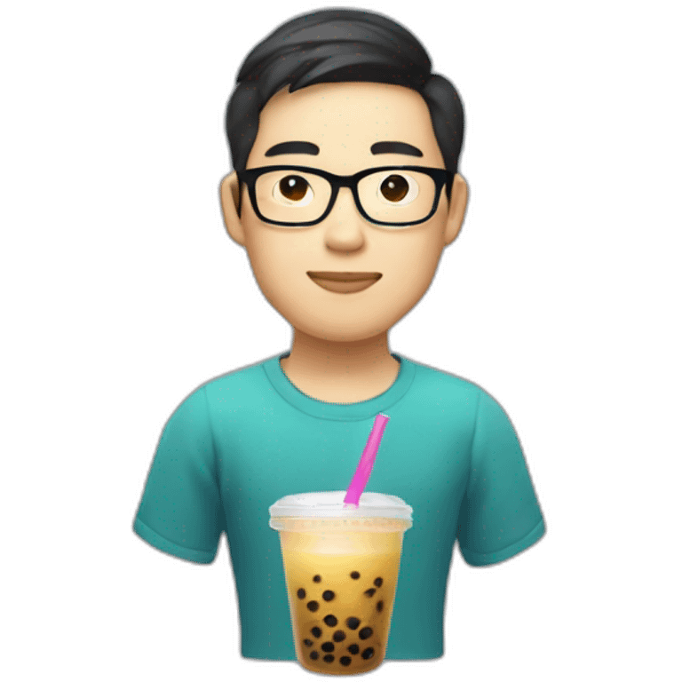 Apple style Asian developer with glasses and a cup of bubble tea emoji