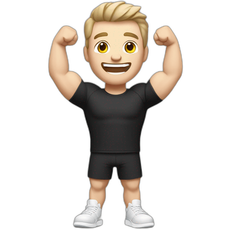 Joyful Celebrating victory Pale skinned Fit Man With the biceps and dark brown hair in black shirt, gray sports shorts and white Sneakers emoji