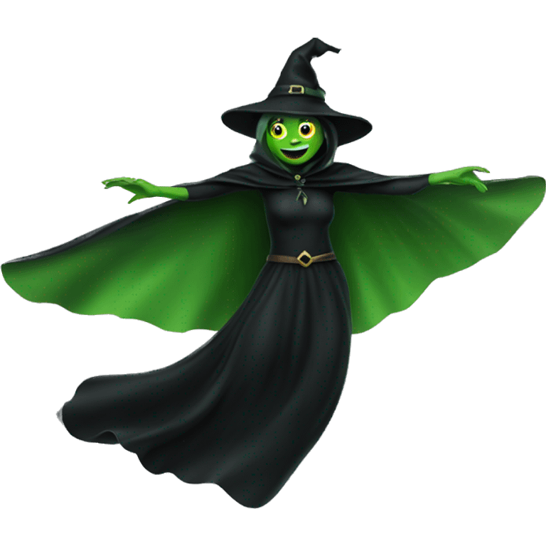 Flying green witch with black cape emoji