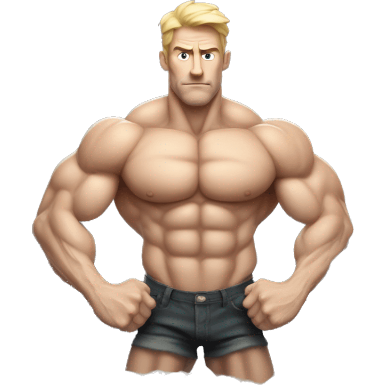 A very very very hyper-muscular white man with veins prominently visible across his arms and chest. The individual has an exaggerated physique, with massive arms crossed over a well-defined six-pack, creating a surreal and intense visual. emoji