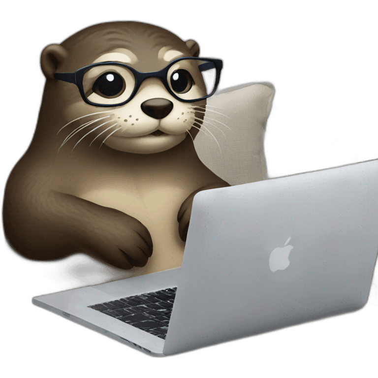 female otter with glasses use a macbook while seated against a pillow emoji