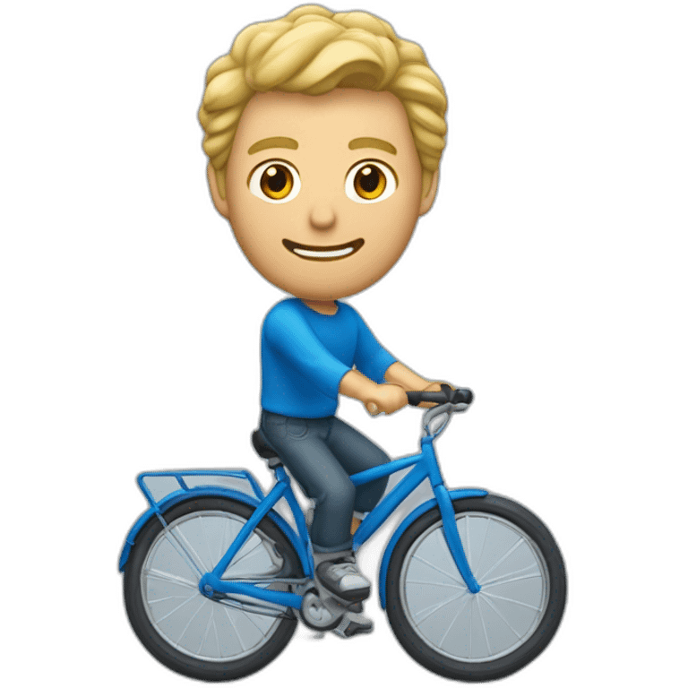 Un homme qui cabre avec un vélo bleu qui a les cheveux bouclés au yeux verts et cheveux blond emoji